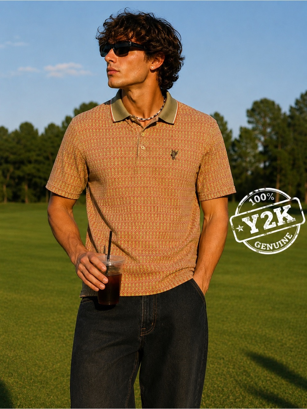 Vintage Ashworth USA Geometric Knot Polo Men’s L Y2K Golf Casual